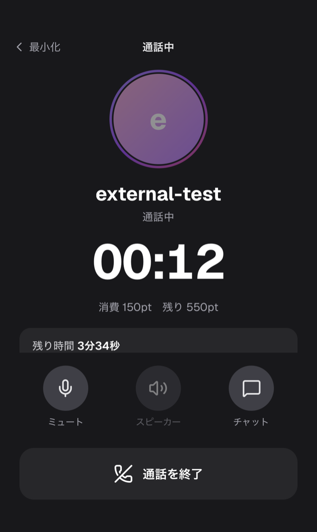 「通話中」の画面。クリエイター名、経過時間「00:12」、「消費 150pt 残り 550pt」、「残り時間 3分34秒」、ミュート・スピーカー・チャットのボタン、「通話を終了」ボタン